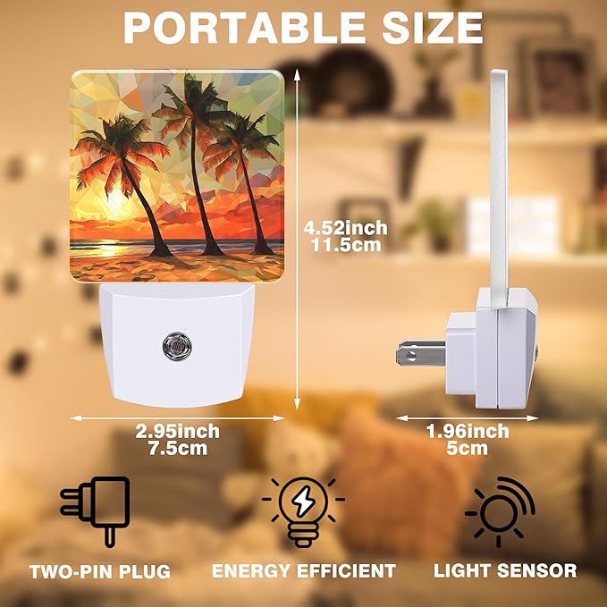 Palm Trees at Sunset Night Light, Beach Plug-in Nightlight with Dusk to Dawn Auto Sensor for Home Bedroom Hallway Kitchen 0.5W Sleep Friendly Led Lamp for Women Men