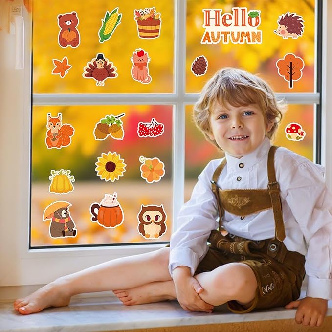 MARFOREVER 50 PCS Fall Gel Window Clings, Autumn Harvest Pumpkins Maple Leaf Pine Cones Thick Window Gel Clings Decals for Kids Fall Thanksgiving Classroom Nursery Home Party Supplies Decorations