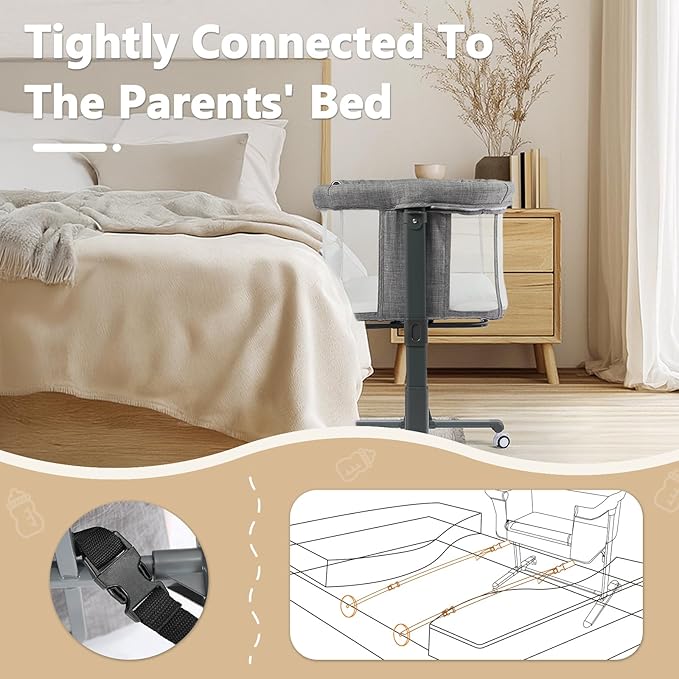 Kinder King Baby Bassinet w/Wheels, Folding Portable Newborn Bedside Sleeper, All-Sided Mesh Infant Crib, Adjustable Height, Removable Soft Mattress, No Tool to Assemble, Grey