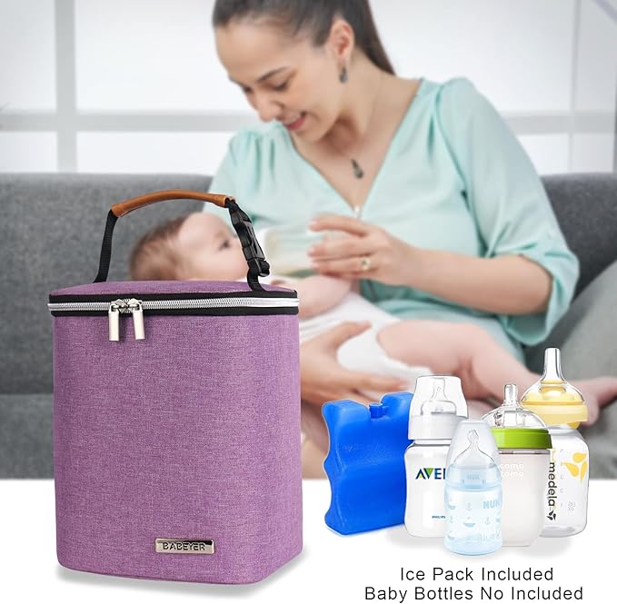 Breast Milk Cooler Bag with Ice Pack Fits 4 Baby Bottles Up to 9 Ounce, Baby Bottle Bag Great for Nursing Mom Daycare, Purple