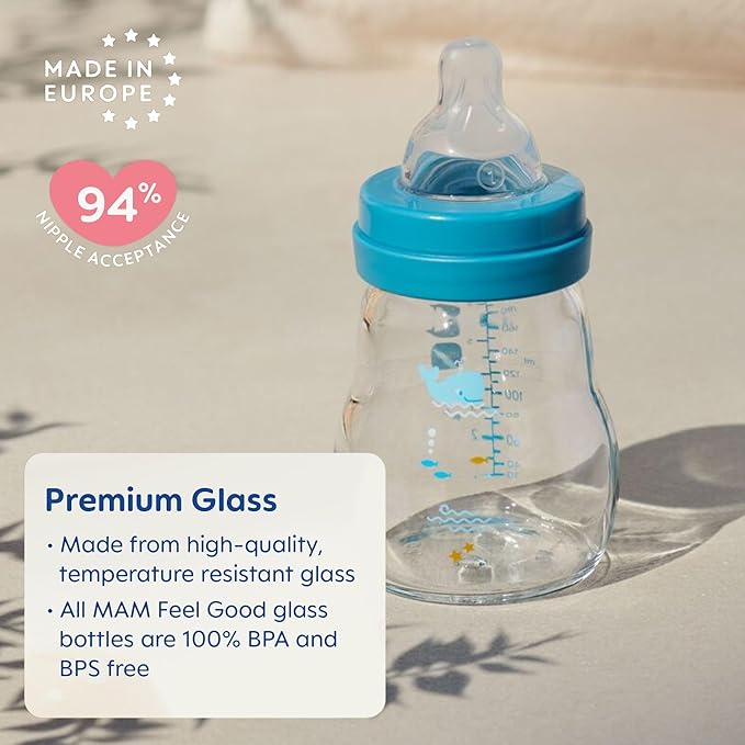 MAM Premium Glass Baby Bottles, Easy Switch Between Breast and Bottle, Feel Good Slow Flow, Newborn Essentials Must Have, 0+ Months, BPA Free, 6oz, Boy, 3 Pack