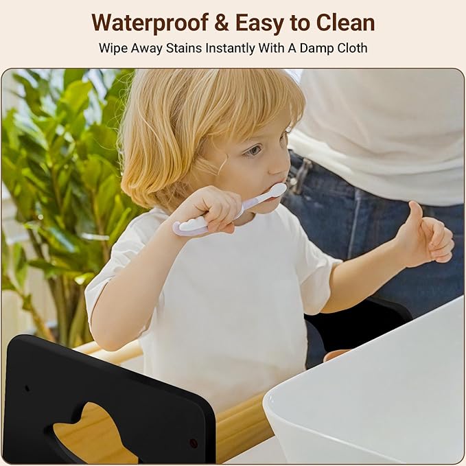 COSYLAND Toddler Standing Tower Adjustable Height - Super Stable Kids Kitchen Stool Helper - 3 Levels Adjustable Wooden Toddler Kitchen Stool (Natural & Black)