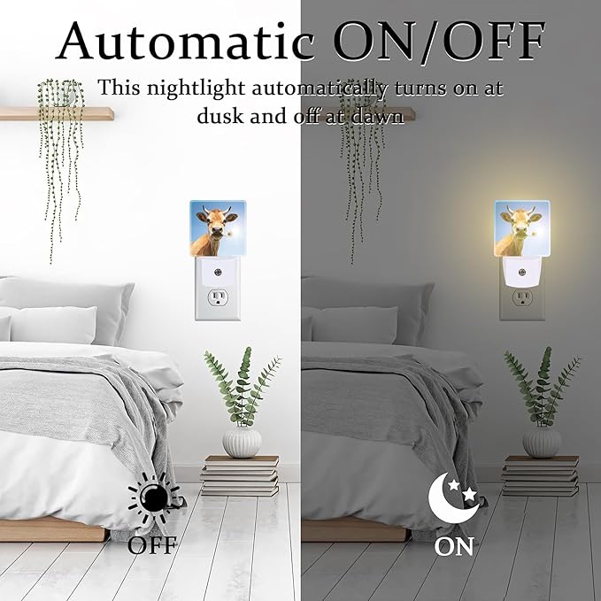 Cow Bite A Flower Night Light Plug into Wall, Cute Animal Floral Dusk to Dawn Night Light, 0.5w Energy Saving Sleep Friendly Nightlights for Kids Boys Girls Home Decor
