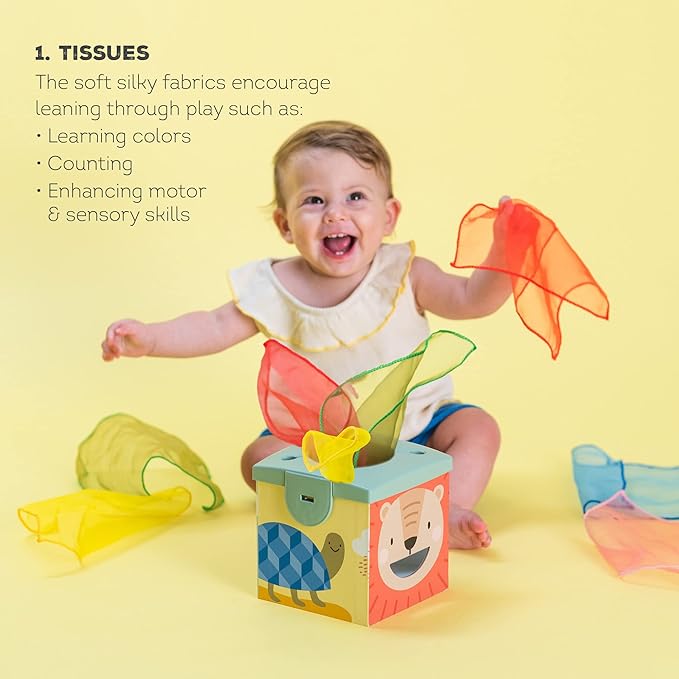 Taf Toys Sensory Crinkle Tissue Box for Toddlers. STEM Montessori Toy with Colorful Soft Scarves and Crinkling Blankies