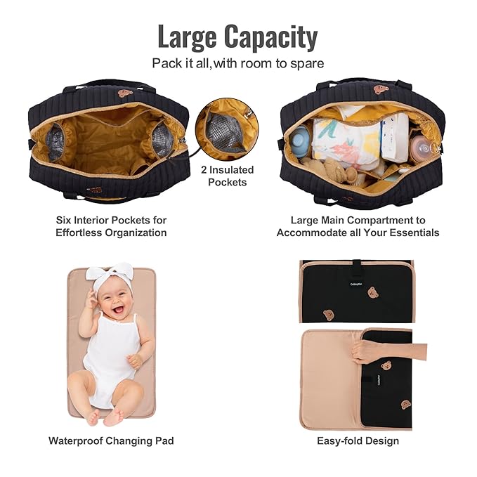 Large Diaper Bag Tote, Maternity Hospital Travel diaper tote, Multifunction baby bag, Baby Nappy Bags, Messenger bag (Medium - Black Bears)