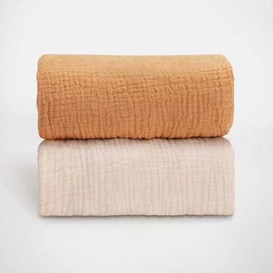 Blissful Diary Muslin Bassinet Sheets for Baby Girls Boys, Boho Soft Cotton Fitted for Oval Hourglass Rectangle Mattress, 2 Pack(Retro Yellow&Beige)