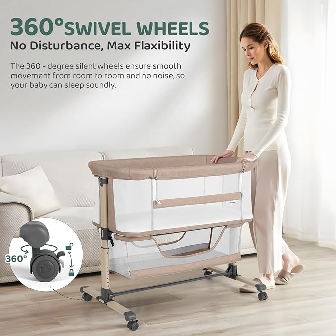 Cowiewie Bassinet Bedside Sleeper, Portable, Breathable, Adjustable Baby Bedside Bassinet for Peaceful Nights, Beige