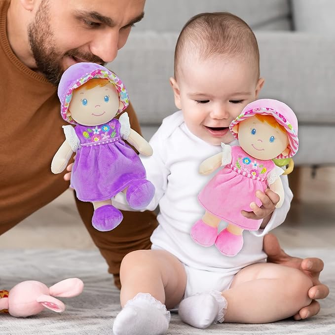 June Garden 12" Soft Dolly Laura - Stuffed Soft Baby Doll Gift for 1 2 3 Year Old Girls - Purple Dress