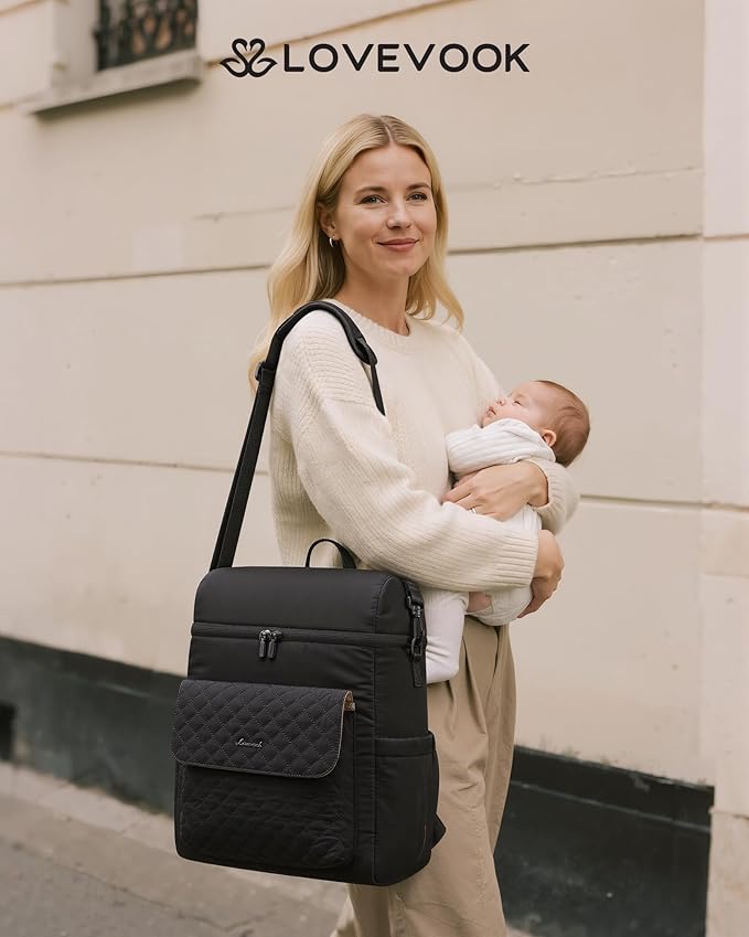 LOVEVOOK Diaper Bag Backpack, 3 in 1 Baby Bag with Changing Pad & Detachable Straps, Large Diaper Backpack for Mom Dad with Stroller Buckles, Black