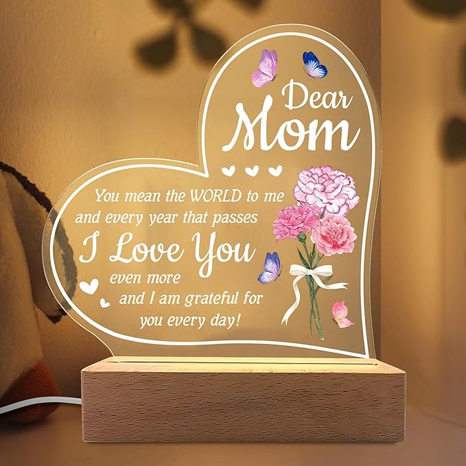 Carnation Heart Shape 3D Crystal Acrylic Light Base with Wood Stand, LED Light for Kids Room Decor, Gift for Mom on Birthday or Holiday, Home Décor Art Display