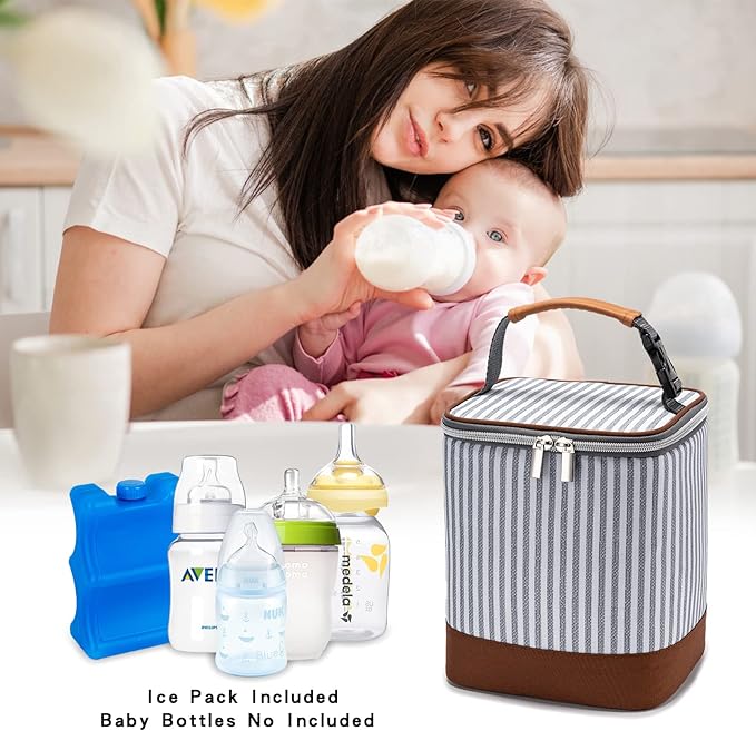 Breast Milk Cooler Bag with Ice Pack Fits 4 Baby Bottles Up to 9 Ounce, Baby Bottle Bag Great for Nursing Mom Daycare, Strap