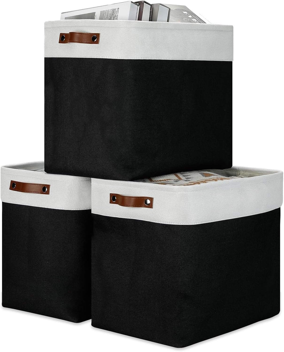 DULLEMELO Fabric Storage Baskets 3 Pack - 17x12x15 inch Large Foldable Fabric Organizer for Storage Decorative Storage Bins for Home,Closet(White&Black)