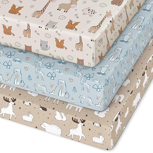 Pack and Play Sheets Fitted 3 Pack, Mini Crib Sheets for Pack N Play Mattress Stretchy Portable Playard Sheets, Soft Breathable Blue & Apricot Bear