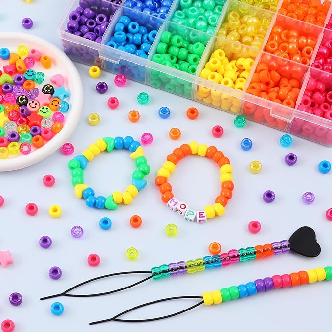 1500+pcs 8mm Hair Beads for Hair Braids Kit Rainbow Pony Bead for Jewelry Making DIY Crafts Mixed Colors Glitter Transparent Mix Plastic Pony Bead with Beader and Rubber Band for Gift