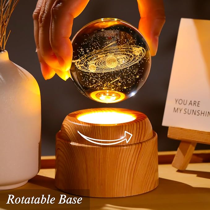 Ornalrist 3D Solar System 2.36“ Crystal Ball with Rotated Wood Bases, Space Decor Astronomy Gifts for Women Men Physics Enthusiasts Science Teacher Planet Lamp Universe Night Light