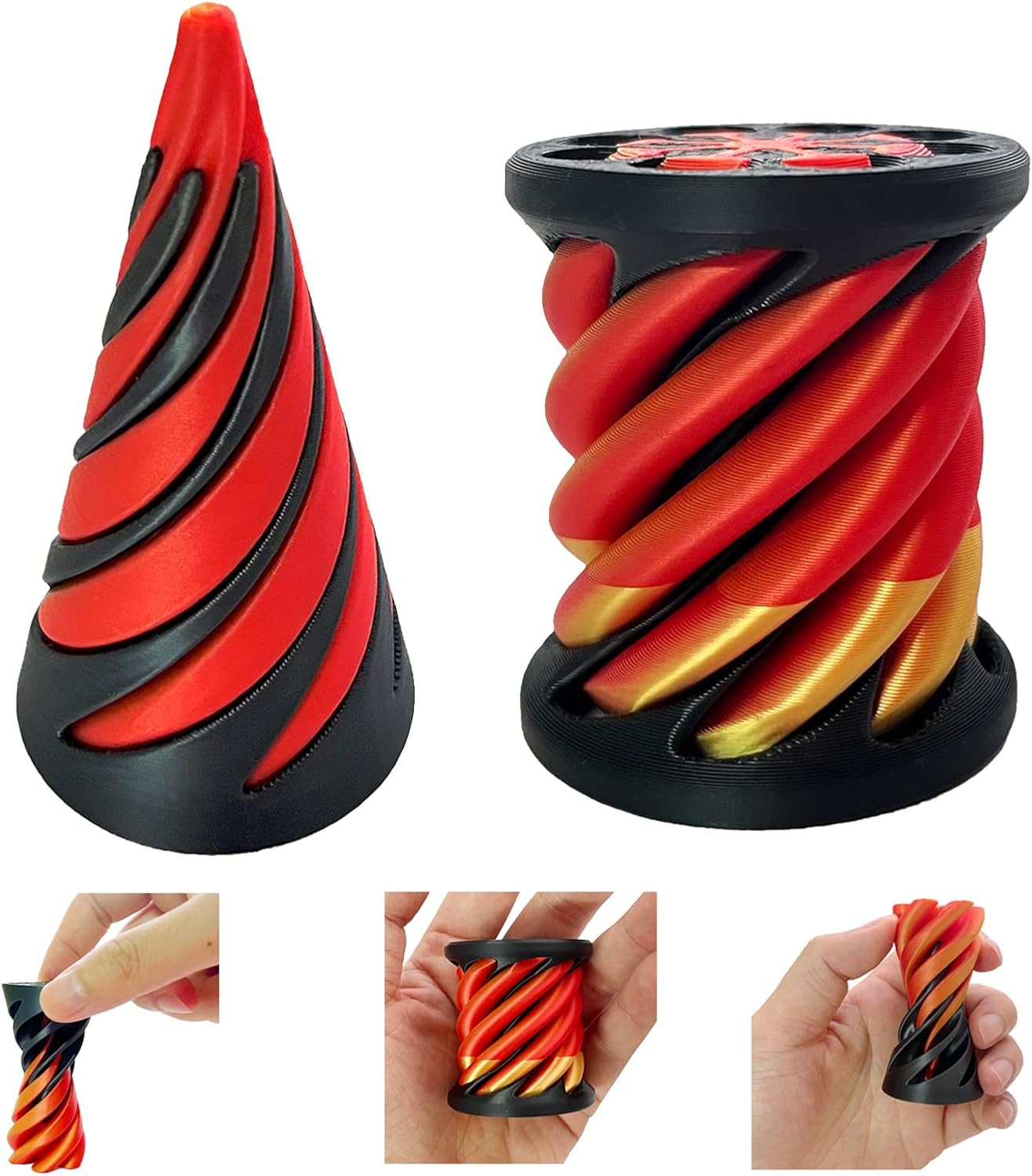 Spiral Cone Fidget Toy - 2PCS, 3D Printed Spiral Cone Toy, Impossible Cone Toys, Pass Through Pyramid Fidget Toy, Mini Vortex Thread Illusion, Spiral Decompression Push Toys (Cone + Cylinder)