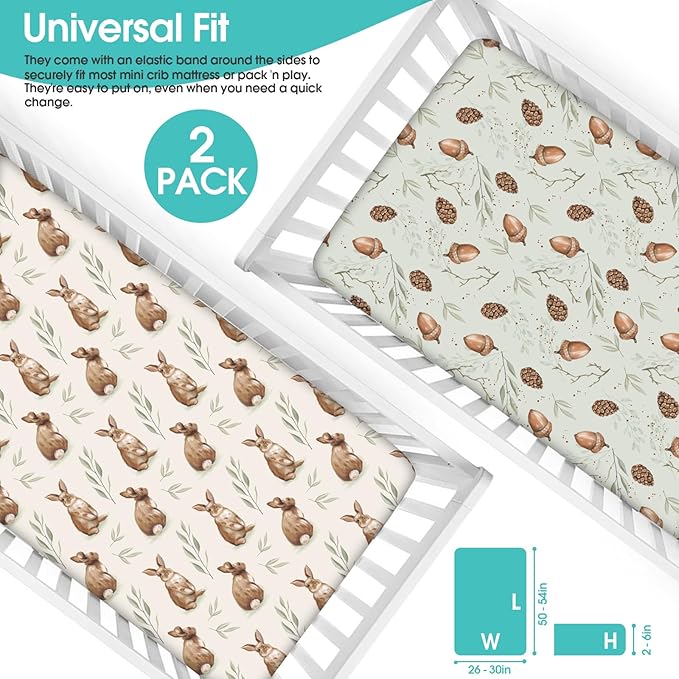 Pack n Play Sheets, BROLEX 2 Pack Mini Crib Sheets,Stretchy Portable Fitted Playard Sheet Set, Convertible Playard Mattress Cover,Ultra Soft Breathable Material,Bunny Nuts