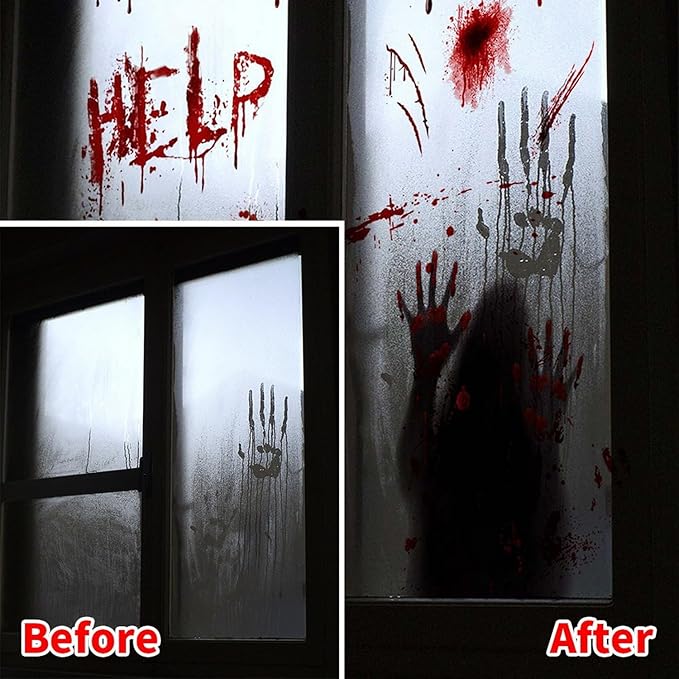 2 Sheets Halloween Window Clings Scary Ghost Window Stickers Decals Double-Sided DIY Glass Stickers Bloody Handprints Female Ghost Shadow Designs Spooky Halloween Party Decor Supplies