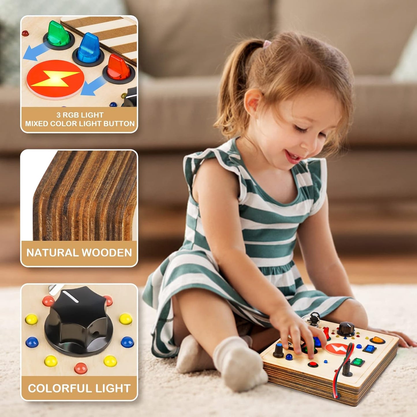 Joyreal Montessori Busy Board Wooden Sensory Toys for Toddler with LED Light Up Switch, Baby Fidget Board Travel Toys for 18+ Months, 1 2 3 Year Old Boys Girls Toddler Toy Gifts (Mixed Lights)