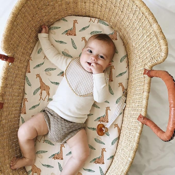 Stretch Fitted Bassinet Sheet Set BROLEX 2 Pack Cradle Sheets for Bassinet Pad/Mattress,Unisex Boys Girls,Ultra Soft,Giraffe Leaf