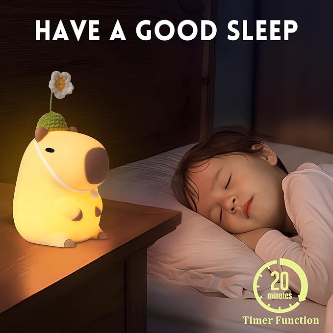 Cute Capybara Night Light, Squishy Animal Flower Lamp with USB Rechargeable Timer Dimmable, Best Nursery Nightlight Home Bedside Decor Birthday Christmas Gift for Kids Women