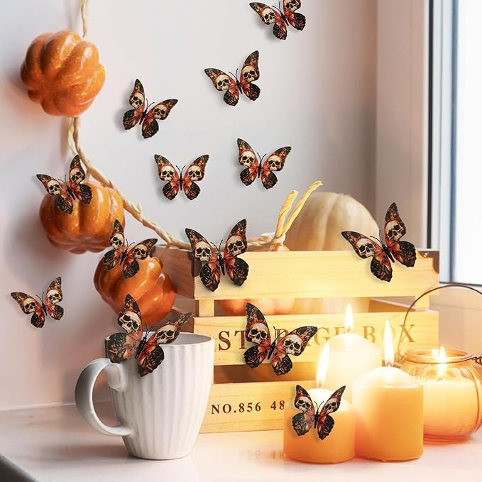 12 Pcs Halloween Wall Decor 3D Skull Butterfly Wall Decal Stickers Goth Halloween Decorations Butterflies Skeleton Designs for Festival Home Party Decoration Supplies