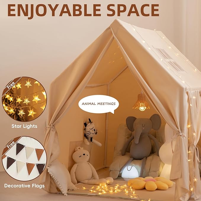 Kids Play Tent,Large Indoor Play House with Star Lights,Flags and Tote Bags, 52" x 47" Gift for Girls and Boys, Use for Reading Nook, Playroom, Sleepover Tent