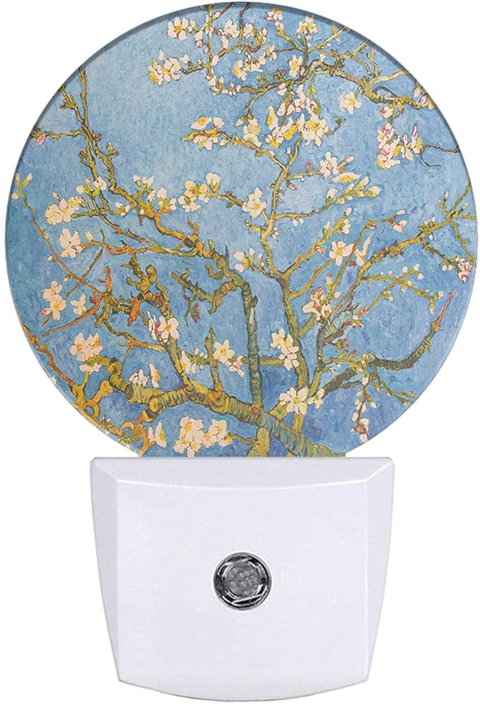 EKOBLA Almond Tree Blooming Night Light - Van Gogh Floral Painting LED Plug-in Nightlights with Dusk to Dawn Sensor, 0.5W Sleep-Friendly Lighting for Bedroom & Living Room (White & Blue)