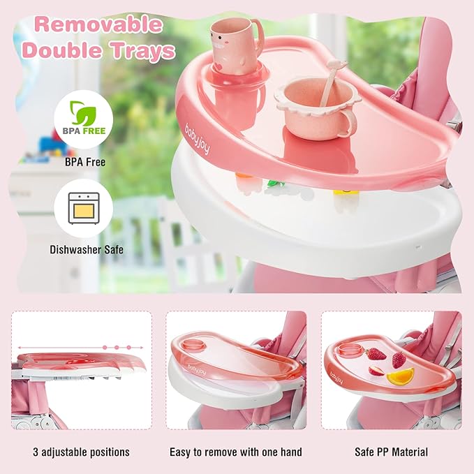 BABY JOY High Chair for Babies & Toddlers, Foldable Highchair with Adjustable Backrest/Footrest/Seat Height, Double Removable Trays, Detachable Seat Cushion, 4 Lockable Wheels (Pink)