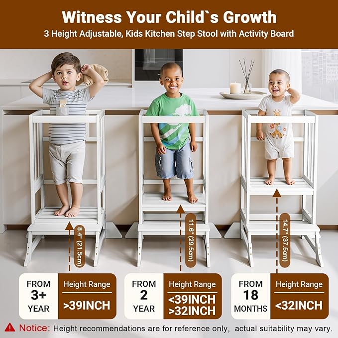 COSYLAND Height Adjustable Kitchen Stool for Toddlers – Portable Toddler Standing Tower for Learning and Cooking – Stable Kids Helper Tower with Stability Block for Kitchen Counter (White)
