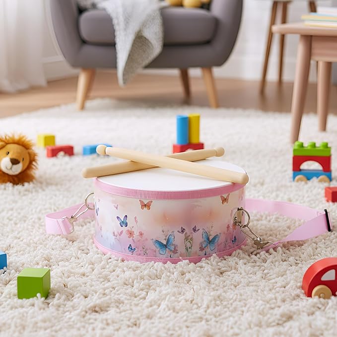 Boao 1 PC Kids Drum Set, 8 Inch Toddler Drum Wooden Toy with Adjustable Strap and 2 Drumsticks, Educational Sensory Musical Instrument for Toddlers Kid Baby Boys Girls Gift(Butterfly)