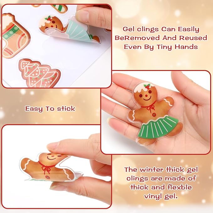 MARFOREVER 50 PCS Christmas Gel Window Clings, Reusable Gingerbread Man Theme Thick Gel Clings Stickers Decals for Christmas Kids Gift Toddlers Classroom Xmas Party Supplies Window Glass Decoration