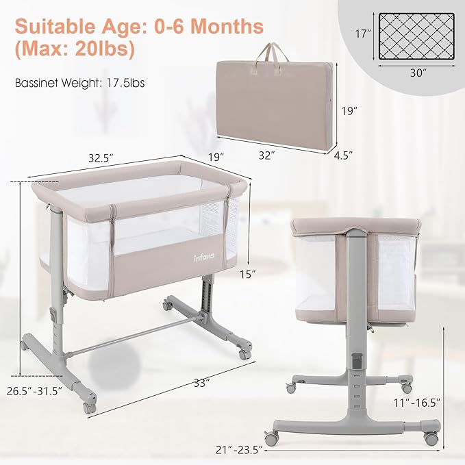 INFANS 3 in 1 Baby Bassinet, Bedside Sleeper for Newborn, Folding Crib with Mattress, Travel Bag, Wheels, 4-Sided Mesh, Easy to Assemble Cradle Co Sleeper Stationary, Rock (Beige)