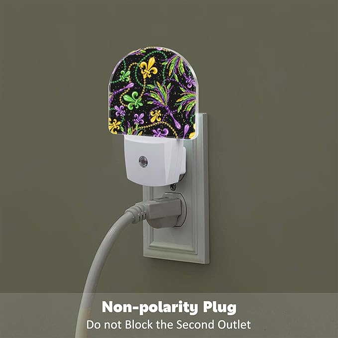 Mardi Gras Carnival Design Night Light, Colorful Fleur De Lis and Feathers Dusk to Dawn Night Light Plug in, 0.5w Energy Saving Sleep Friendly Nightlights for Kids Boys Girls Home Decor