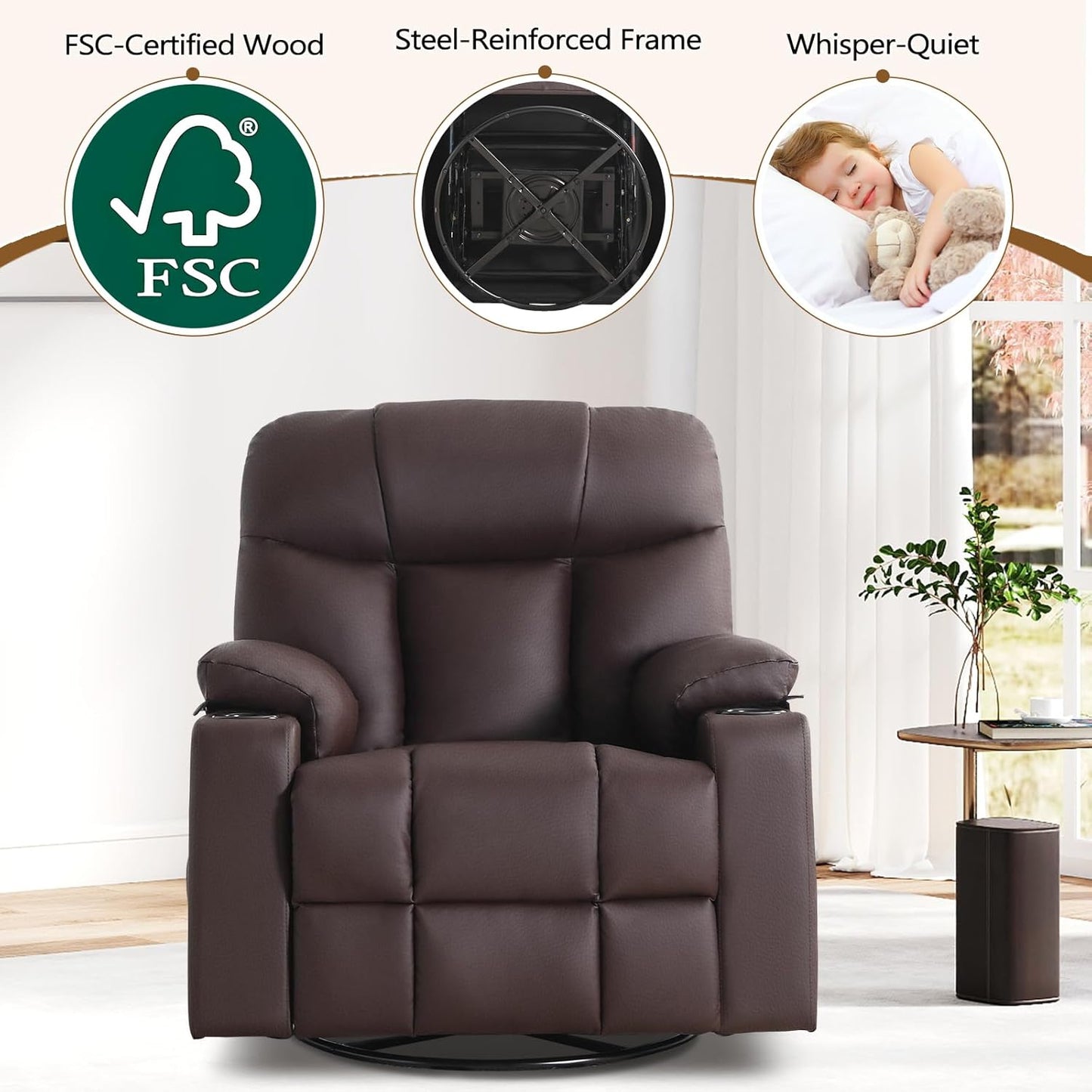 ANJ Swivel Rocker Recliner Chair, Manual PU Leather, 360° Swivel with Massage & Heat for Living Room, Brown