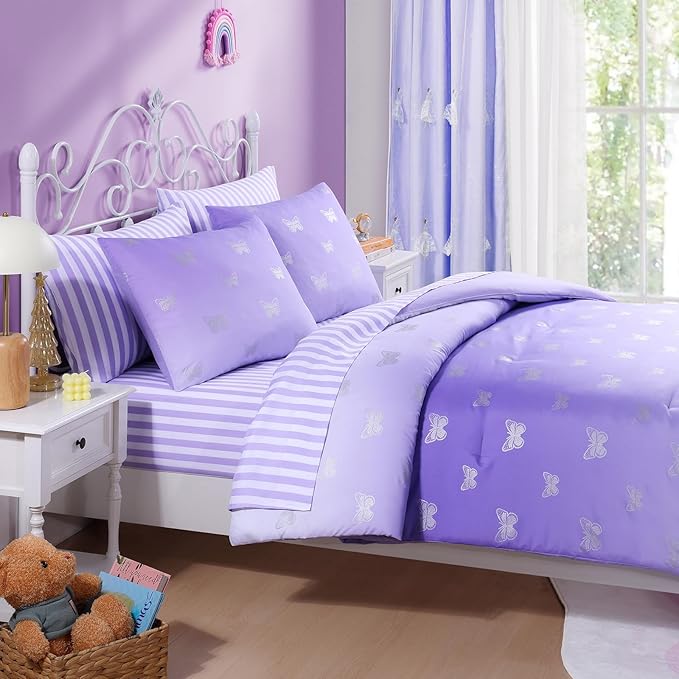 Twin Comforter Set with Sheets for Girls-5 Pieces Twin Bedding Sets with Purple Comforter, Sheets, Pillowcase & Sham for Kids (Purple Butterfly, 66" X 86")