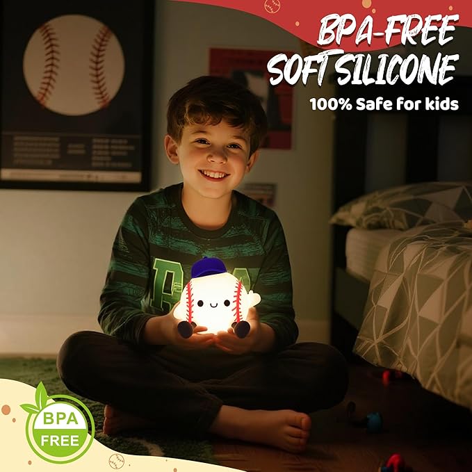 Attivilife Baseball Night Light, Baseball Gifts for Boys, Soft Silicone Nursery Bedroom Bedside Decor Dimmable Rechargeable LED Touch Lamp, Baby Kid Teen Sport Lover Athlete Birthday Christmas Gifts