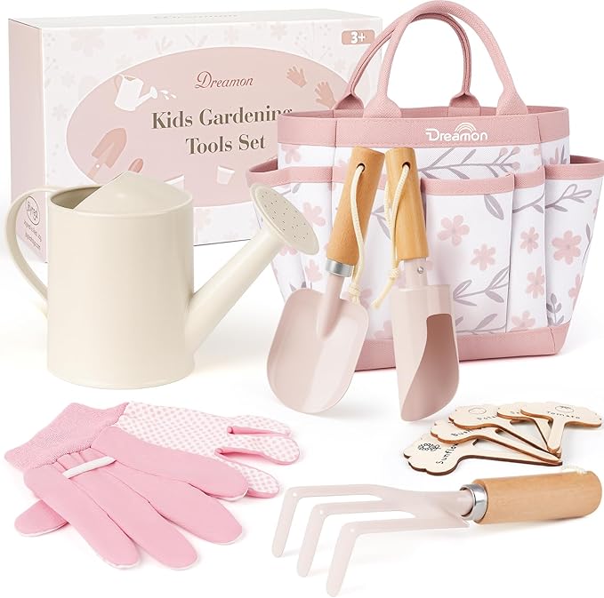 Dreamon Gardening Set Toys for Kids, Quality Garden Tool Kit Includes Tote Bag, Apron, Gloves, Shovel, Rake, Cultivator, Watering Can, STEM Learning Outdoor Gifts for Kids Toddlers (Pink)
