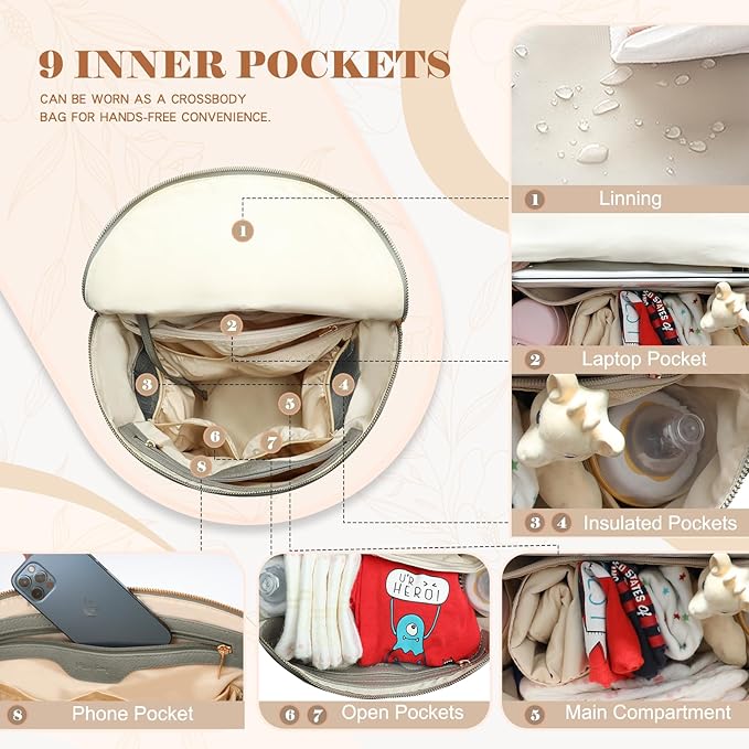 miss fong Diaper Bag Backpack Baby Diaper Bag, Large Leather Diaper Backpack with 16 Pockets Travel Bag with Diaper Changing Pad, Stroller Straps & 2 Insulated Pockets (Convertible,Premium Grey)