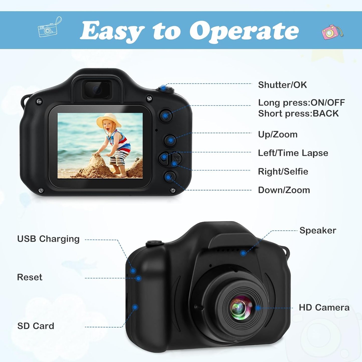 Kids Camera,HD Digital Video Camera,Childrens Toys for 3 4 5 6 7 8 9 Year Old Boys/Girls,Selfie Camera for Kids,Christmas Birthday Gifts with 32GB SD Card (Black)