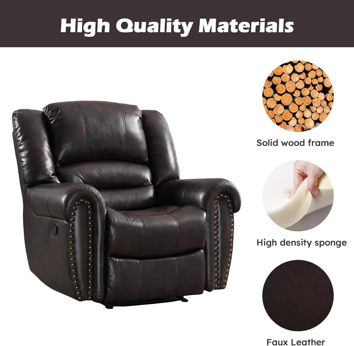 CANMOV Leather Recliner Chair, Classic and Traditional Manual Recliner Chair with Comfortable Arms and Back Single Sofa for Living Room, Dark Brown