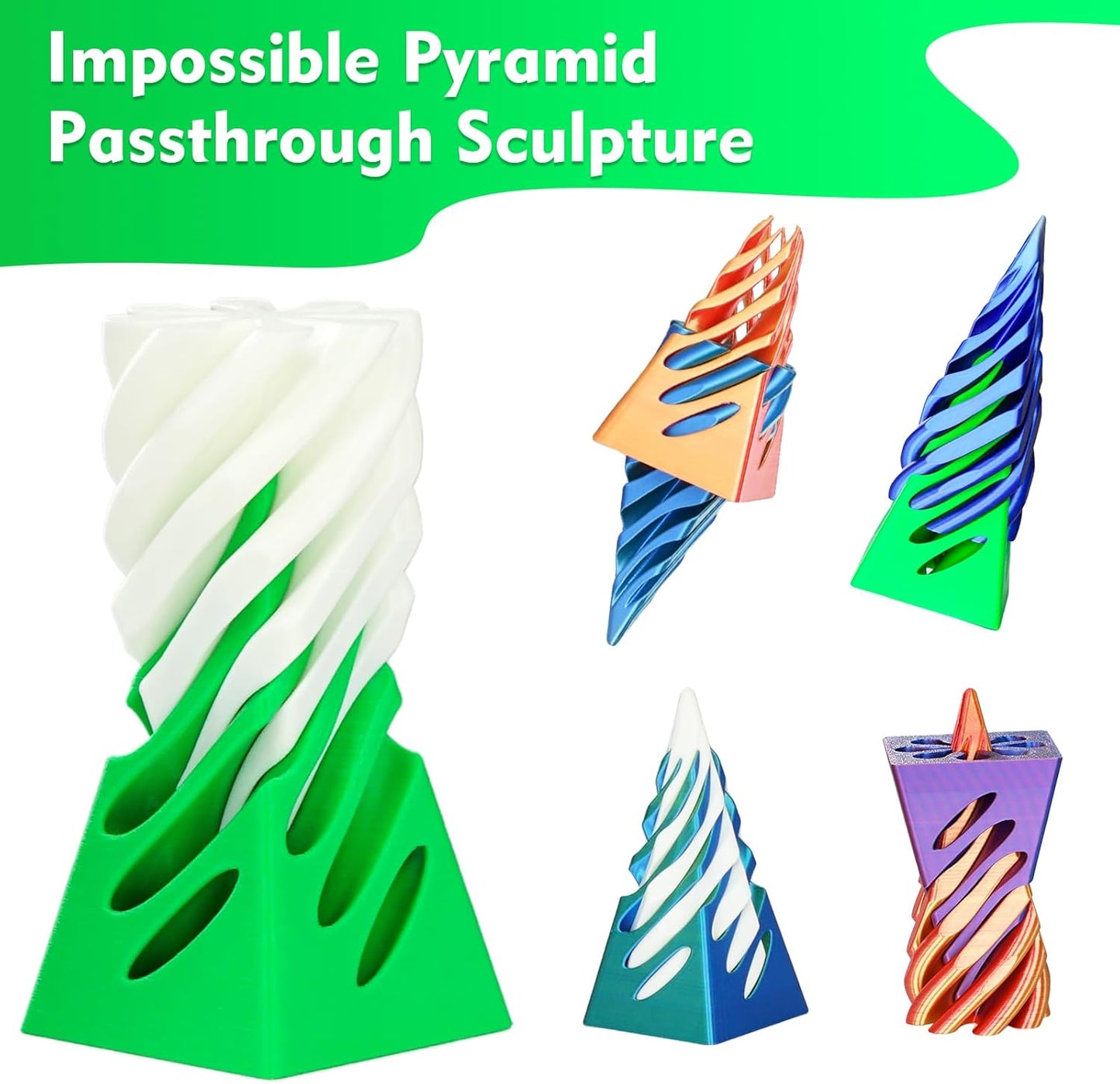 Impossible Pyramid Passthrough Sculpture, 3D Printed Spiral Cone Fidget Toy, 3D Printed Crafts, Adult Decompression Toys, Decompression Toys And Gifts For Kids,Stress Relief Desk Toy (White Green)