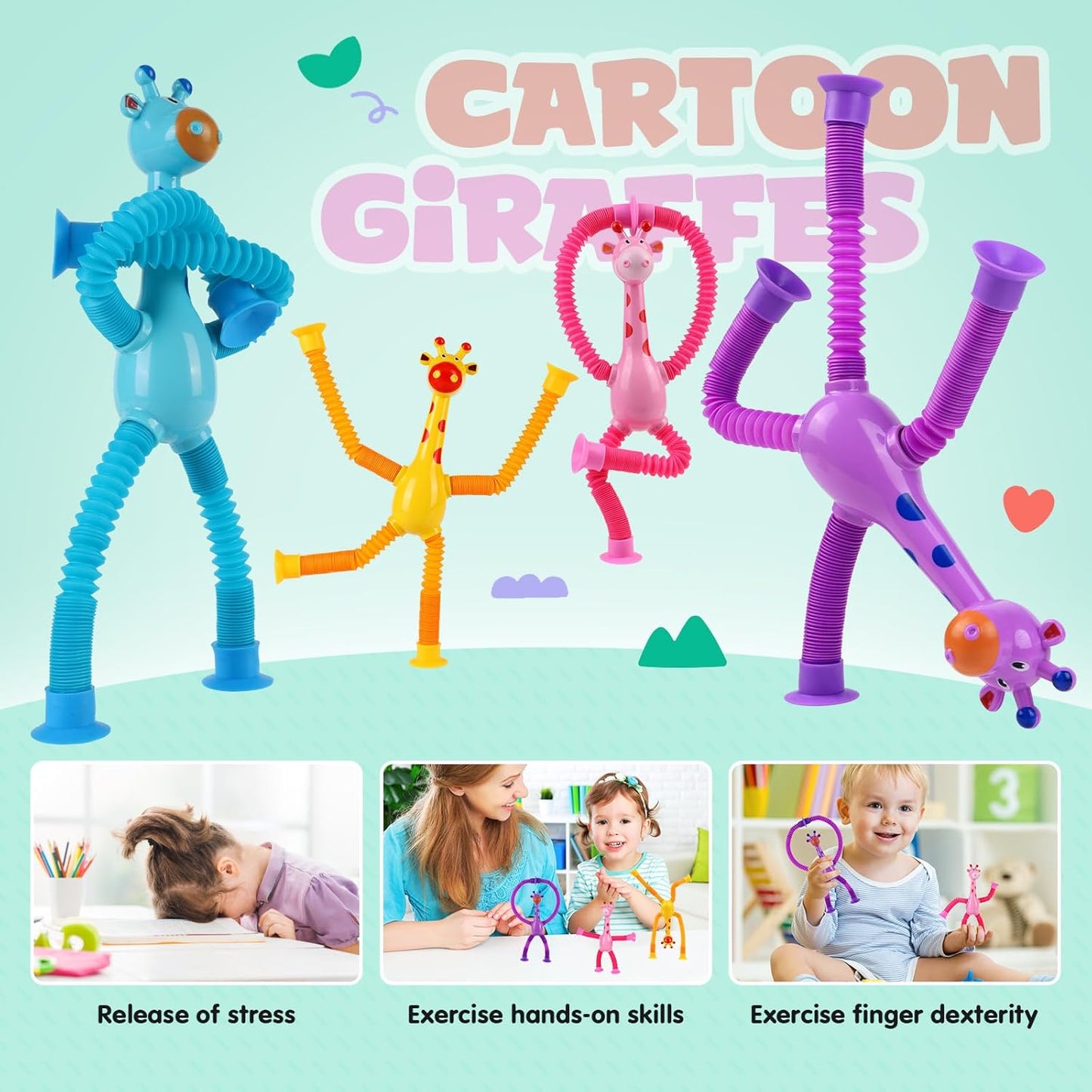 Ochine 8 Pack Telescopic Suction Cup Giraffe Toy, Sensory Pop Tubes for Toddlers, Fidget Toys for 3 4 5 6 7 8 9 Year Old Boys & Girls,Imaginative Play & Stimulating Creative Learning Toys