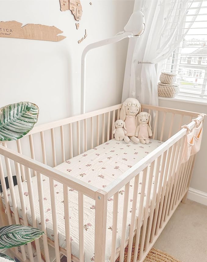 Crib Sheets for Baby Boy Girl 2 Pack, Fitted Crib Mattress Sheet 28" x 52", Muslin Toddler Bedding with Neutral Style, Nursery Bedding Essentials (Vintage Blossom & Pink)