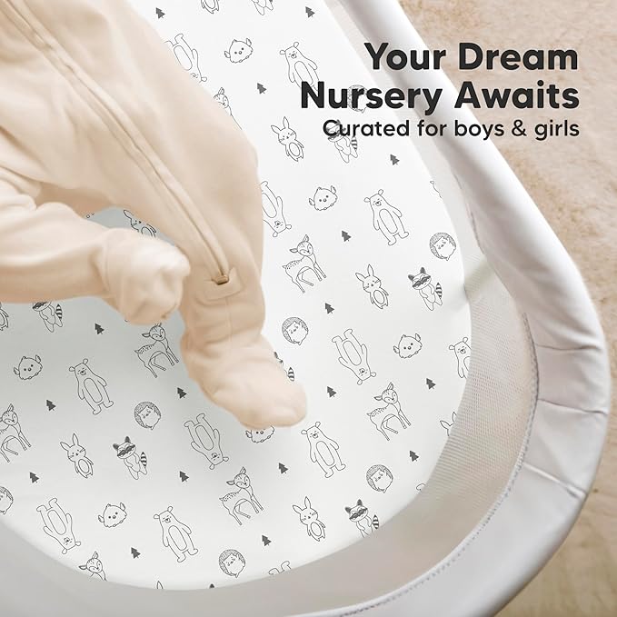 2-Pack Organic Bassinet Sheets for Girls, Boys - 100% Cotton Bassinet Mattress Sheets Compatible with Halo Bassinest Swivel Sleeper, Graco, Baby Delight, Chicco, Fitted Bassinet Sheets (Woodland)