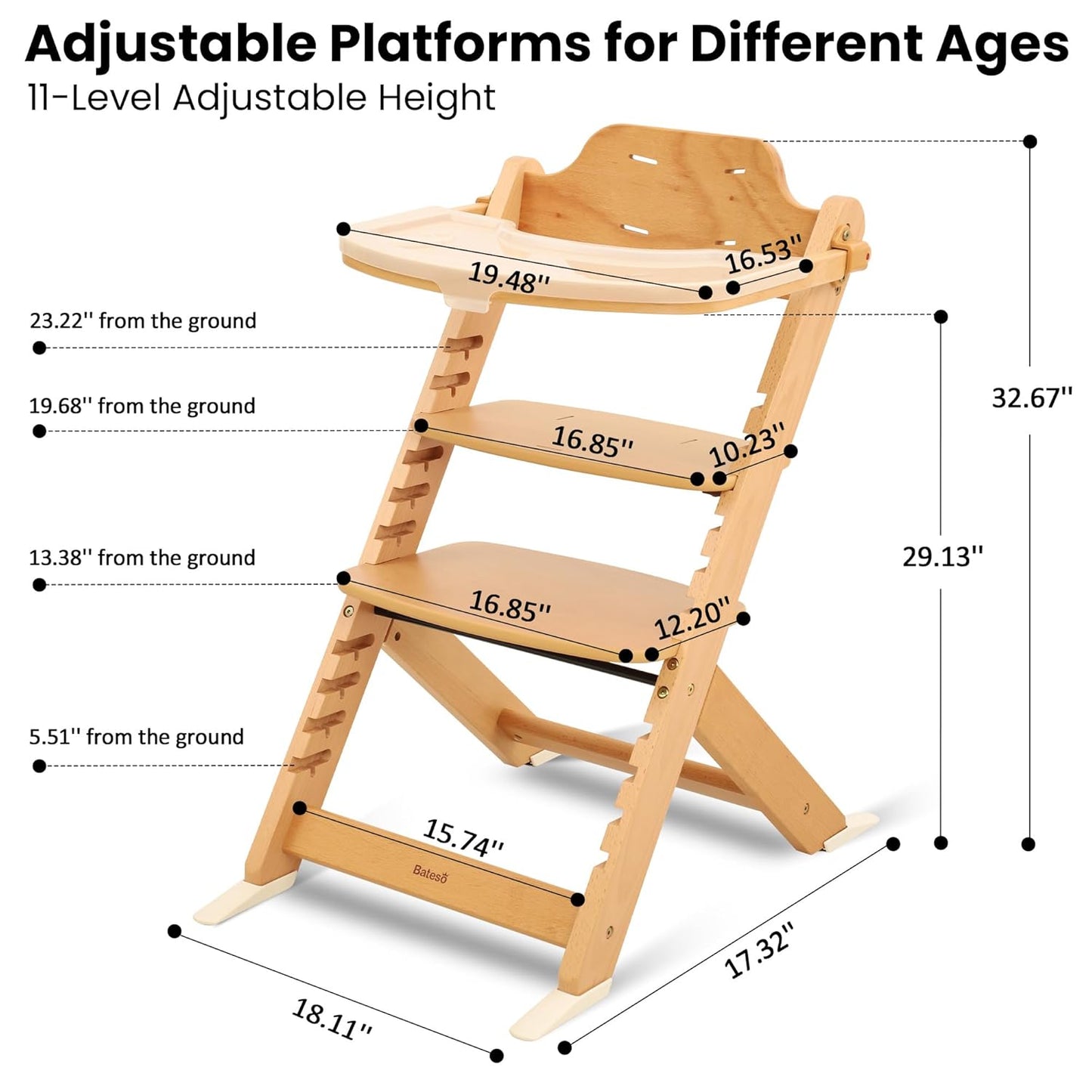 High Chair for Babies and Toddlers, Wooden Highchair with Adjustable Seat & Convertible Footrest Heights, Baby Feeding Chair with Safety Harness & Removable Double Layer Tray