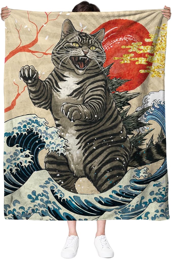 Anime Cat Blanket for Lover, Japanese Funny Cat Blanket 50"*60", Cat Gifts for Women Men Cats Lovers, Kitten Blanket, Funny Vintage Cat Art, Japanese Sunset