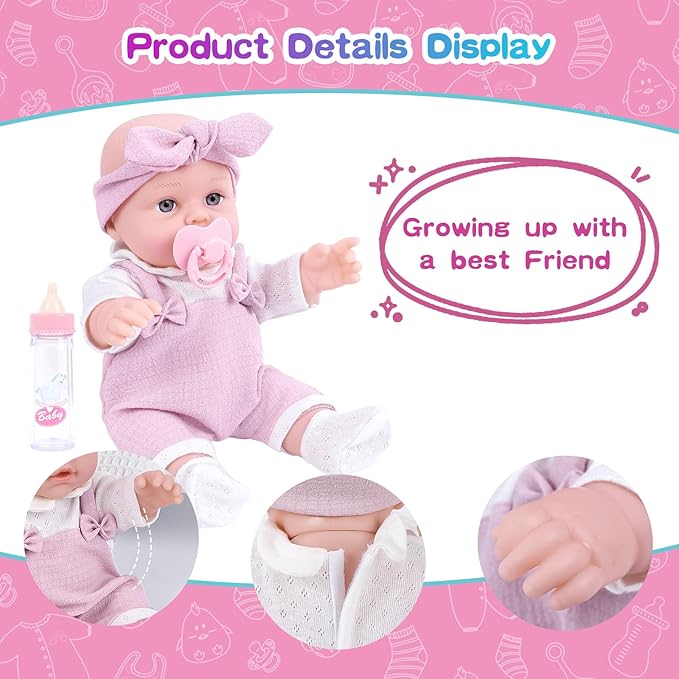 12'' Baby Doll Playset with Clothes and Dolls Carrier Accessories Included Baby Carrier, Bottles, Nipple, Socks, Headbands