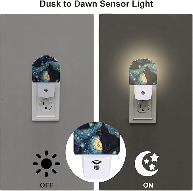 Starry Night Black Cat Night Light Plug into Wall, Abstract Oil Painting Cat Dusk to Dawn Night Light Plug in,0.5w Energy Saving Sleep Friendly Nightlight for Kids Boys Girls Home Decor