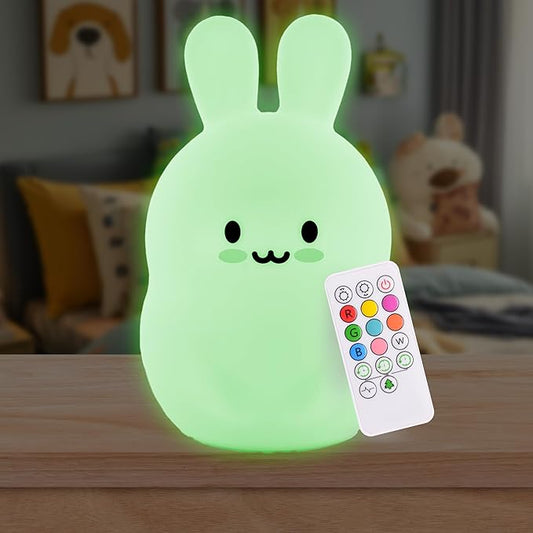 Lumipets Baxter The Bunny Squishy Night Light for Kids | Silicone Lamp with Tap & Remote Control | Rechargeable Color Changing Animal Night Light for Boys & Girls | Portable Nightlight with USB Cord